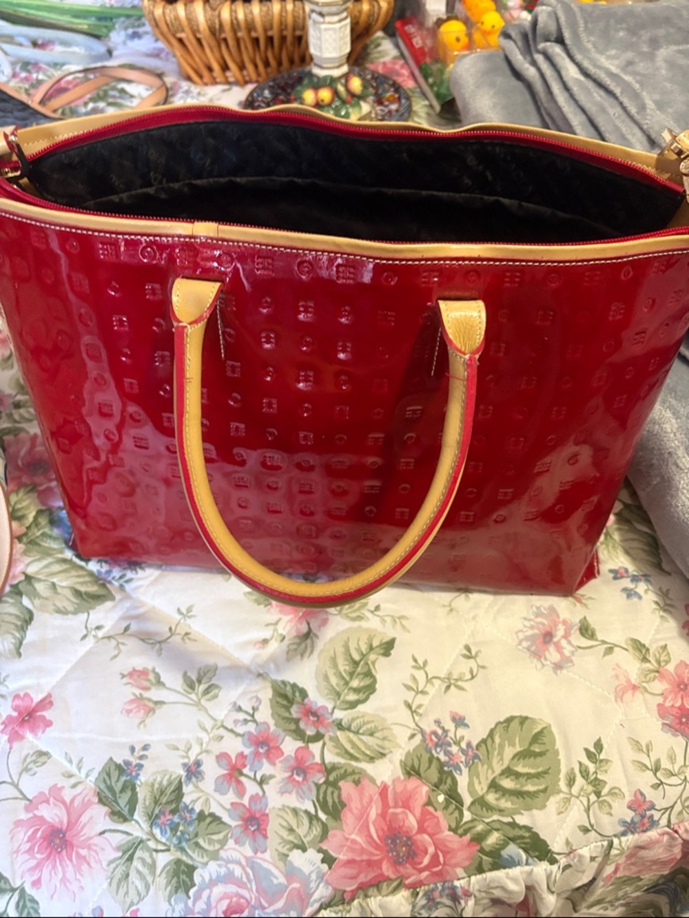 Arcadia. Red Patent Tote Bag with Gold Trim - Women's Handbag